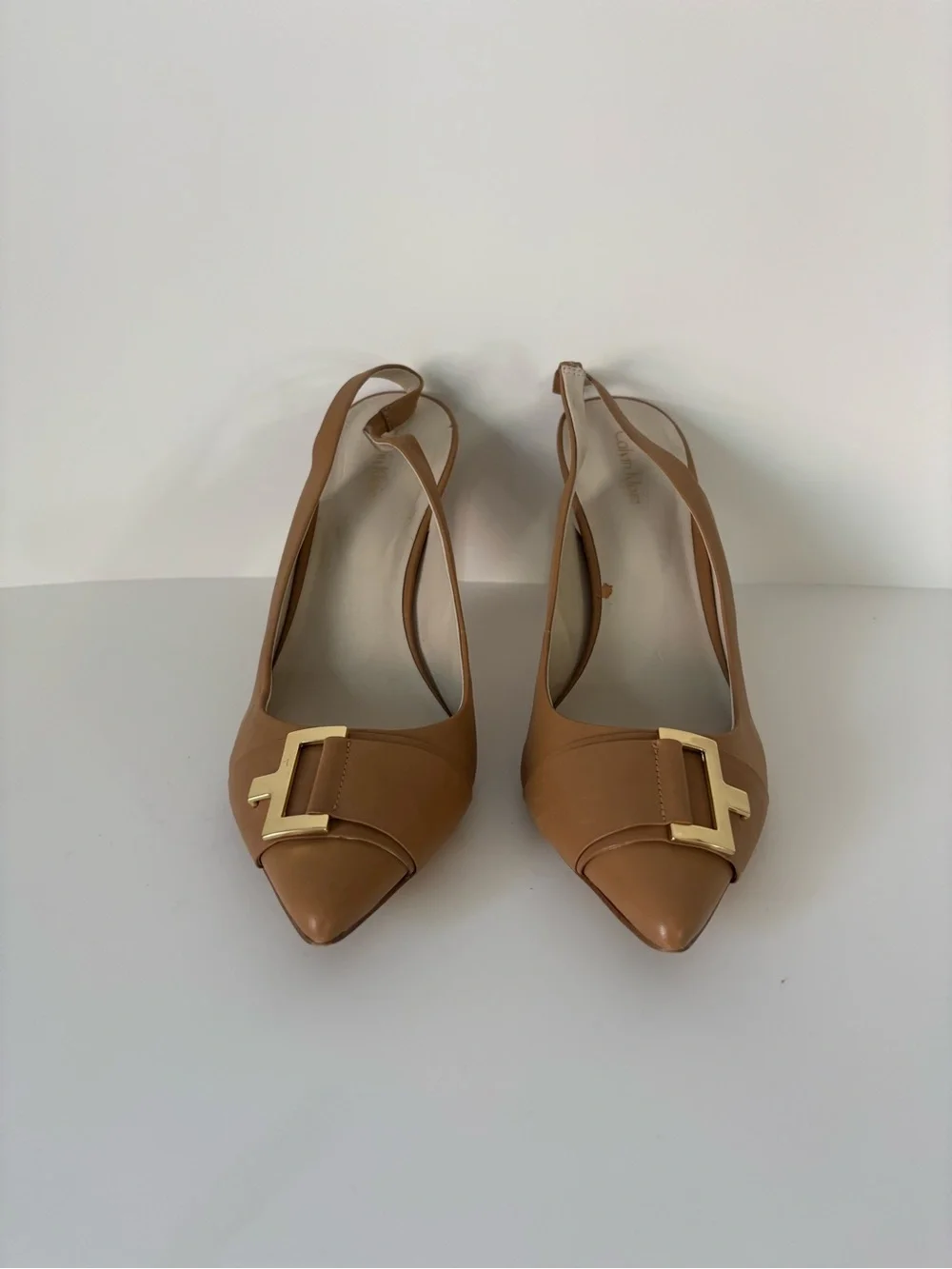 Calvin Klein Women's Tan Pointed-Toe Slingback Pumps with Gold Accent